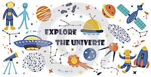 Set of elements explore the universe. Hand drawn vector