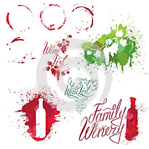 Set of elements in grunge style with Bunch of grapes, bottle