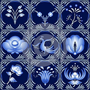 Set of elements in gzhel style as a dark blue ceramic tile. It can be used as a seamless pattern.