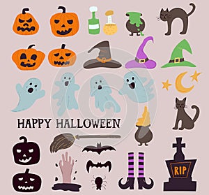 Set of elements for Halloween with pumpkins and cute ghosts. For greeting cards, party invitations, tags, stickers. Vector hand