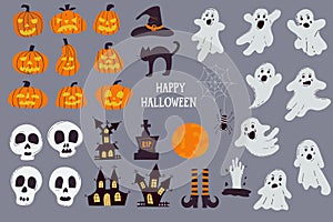 Set of elements for Halloween with pumpkins and cute ghosts. For greeting cards, party invitations, tags, stickers. Vector hand