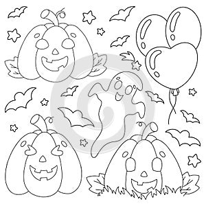 Set of elements for Halloween pumpkins, ghosts, bats. Coloring book page for kids. Cartoon style character. Vector illustration