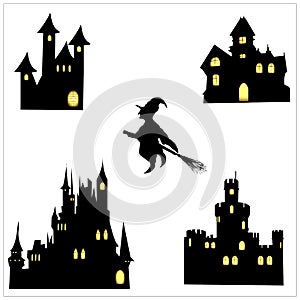 Set of elements for halloween. Scary castles. Black outlines. Silhouette of a witch on a broomstick. Vector illustration