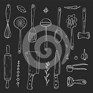 Set of elements with hand drawn cooking outfit on a chalkboard background