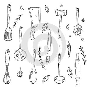 Set of elements with hand drawn kitchen tools on isolate on a white background