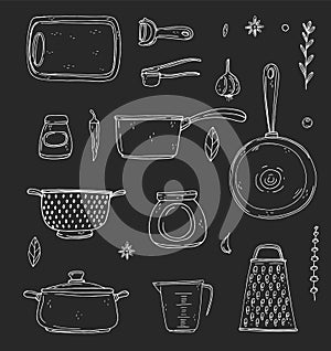 Set of elements with hand drawn kitchenware on a chalkboard background