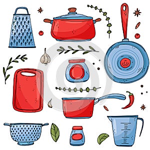 Set of elements with hand drawn kitchenware isolate on a white background.