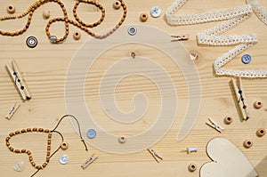 Set of elements for handicraft and decorative items for handmade on wooden background. Flat lay