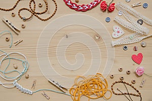 Set of elements for handicraft and decorative items for handmade on wooden background. Flat lay