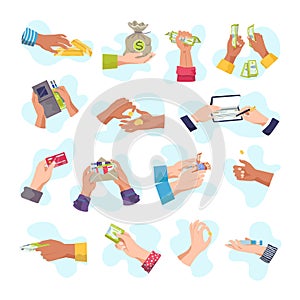 Set elements, hands holding money, vector illustration. Person charcater use gold bar and money, wealth, success concept