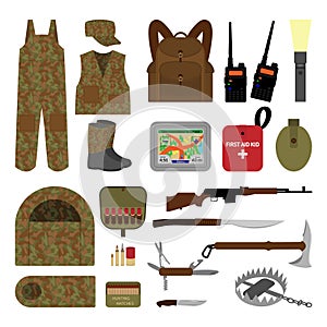 Set of elements for hunting in flat style.