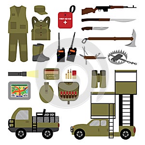 Set of elements for hunting in flat style.