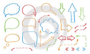 Set of elements for infographics, hand-drawn colored lines. Arrow, cloud for text collection, guides and frames.