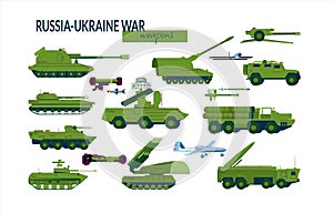 A set of elements for infographics land military equipment involved in the Russian-Ukrainian war. Tanks, air defense