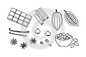 Set of elements ingredients for chocolate isolated objects black outline on a white background