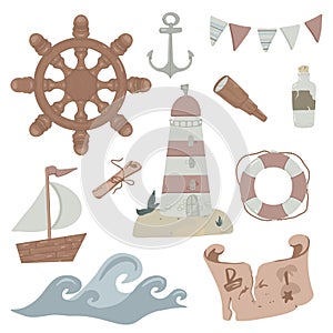 A set of elements on the marine theme. Vector illustration in children`s cartoon style. Suitable for stickers, kids decor