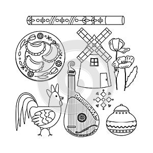 A set of elements musical instruments, pandora, pipe, dumplings, mill. Ukrainian symbols