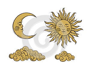 Set of elements for mystical design in boho style. Golden sun and a crescent moon with a face, clouds. Retro hand