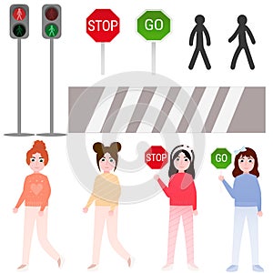 Set of elements for pedestrian rules for kids, little girls crossing road, traffic lights, road sign stop and go