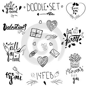 Set of elements and phrases for the holidays. Valentine\'s Day. Wedding. Tattoo. Mothers Day.