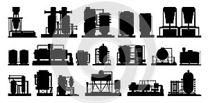 Set elements of Production plant. Silhouette of objects. Isolated on white background. Industrial technical equipment