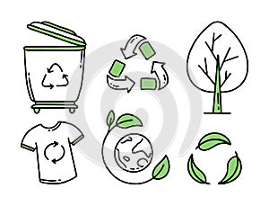 Set elements. Recycling. Separation of garbage. Co2 concept of climate change. Vector isolated doodle