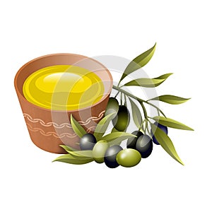 Set of elements related to olive oil and olives, isolated on white background. Illustration.