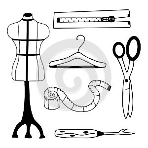 Set of elements for sewing clothes. Vector doodle