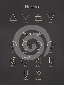 Set of elements signs and planet glyphs. Collection of air, fire, earth, water icons and planets symbols in outline