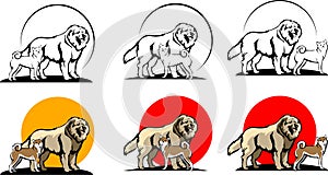 A set of elements small and large dog Caucasian Shepherd Dog and Inu Japanese Force