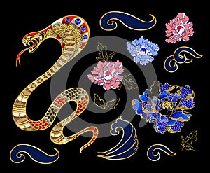 Set of elements snake and peony patch embroidery with sequins.