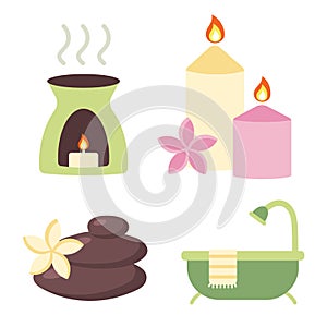 Set of elements for spa and relaxation. Oil burner, aroma candles, zen stones with flower and bath hub. Accessories for
