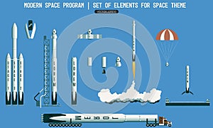 Set of elements for space subject. modern space program. rocket, launch vehicle, satellite, launch pad, payload. Flight photo