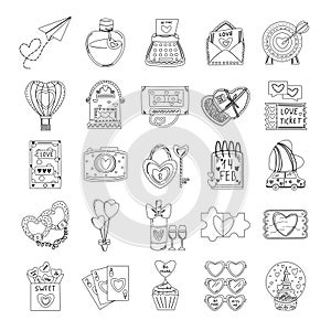 Set of elements for St. Valentine\'s Day, bottle with a love potion, typewriter, mailbox, cassette, lock and key. Symbol of love,