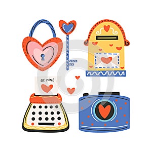 Set of elements for St. Valentine's Day, heart shaped lock and heart key, mailbox with envelope, typewriter, camera. Symbol of