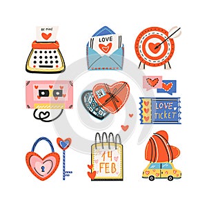 Set of elements for St. Valentine\'s Day, typewriter, envelope, cassette, heart shaped lock and key, chocolate. Symbol of love,