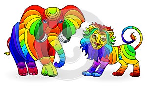 Set of elements in stained glass style , African animals, abstract rainbow elephant and lion , isolated on white background