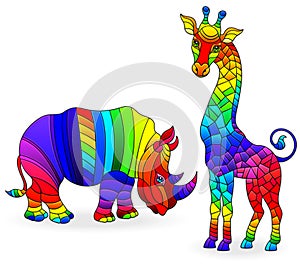 Set of elements in stained glass style , African animals, abstract rainbow giraffe and Rhino, isolated on white background