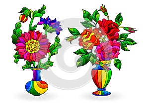 Set of elements in stained glass style , vases with flowers,astras and roses in bright vases, isolated on white background