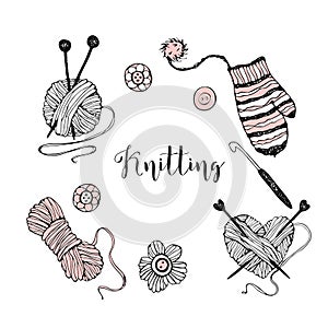 A set of elements on the theme of knitting. Yarn, knitting needles, and mittens. Vector