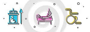 Set Elevator for disabled, Patient with broken leg and Wheelchair icon. Vector