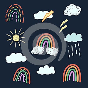 A set of eleven doodle elements: clouds, sun, rainbow, lightning.