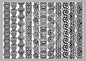 Set of eleven seamless endless decorative lines. Indian Henna Border decoration elements patterns in black and white colors. Coul