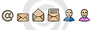 Set of email icons in pixel art style. 6 social media icons.