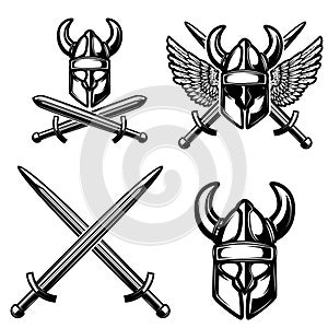 Set of emblem template with viking helmet, crossed swords. Design element for logo, label, sign.