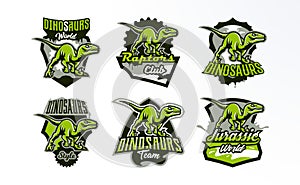 A set of emblems, badges, stickers, logos of dinosaur hunting. Predator Jurassic, a dangerous beast, an extinct animal