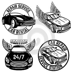 Set of emblems with cars. Repair service, car rental. Design element for logo, label, sign, poster, t shirt