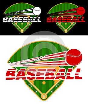 Set of emblems with green baseball fields and flying ball. Team sports. Active lifestyle. American national sport. Vector