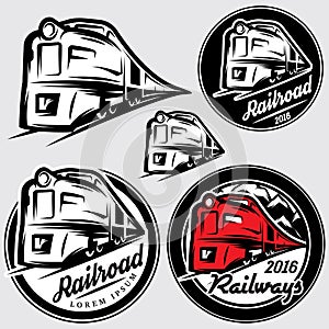 Set of emblems in retro style with locomotives and railroad