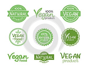 Set of emblems, signs, icons for natural and vegan product. Hand lettering